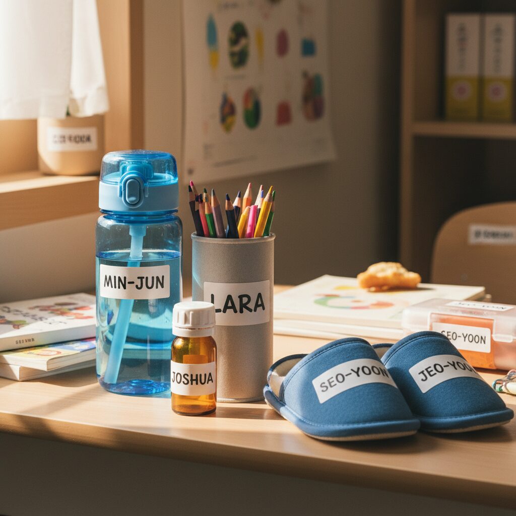 유치원 이름스티커 완벽 준비 가이드 2 물통, 색연필, 실내화, 약병 등 다양한 아이템에 붙여진 이름스티커