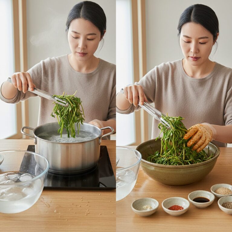 냉이 데치기와 양념 버무리는 과정