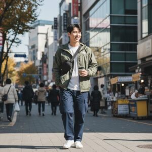 노스페이스 노벨티 윈드라이트 자켓을 입고 있는 모델의 캐주얼한 사진