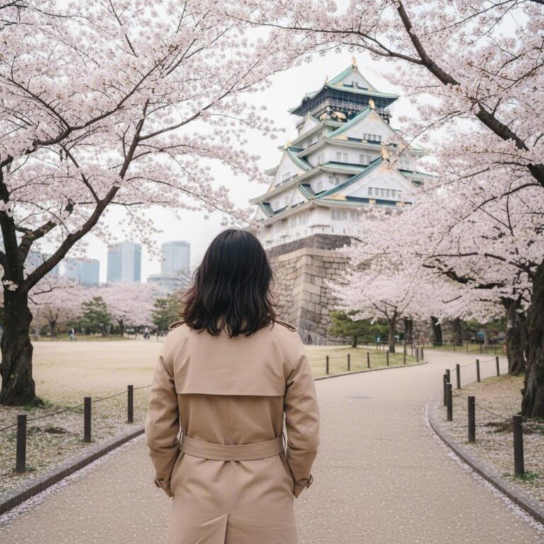 봄날 오사카 성과 트렌치코트를 입은 사람의 뒷모습
