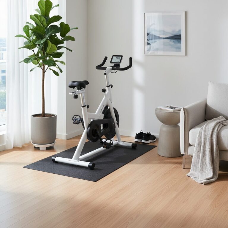 거실 구석에 놓인 오버더바이크 화이트색 실내자전거