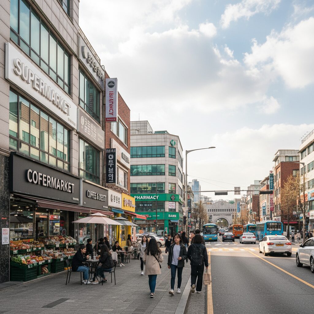 배재대학교 주변 생활 편의시설과 도로 풍경