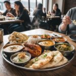 파키스탄 음식 플래터에 담긴 탄두리 치킨과 다양한 커리, 난