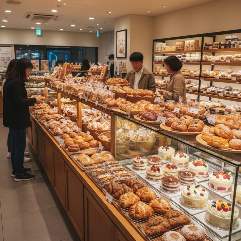 파리바게트 매장 내 다양한 빵과 케이크 진열 장면