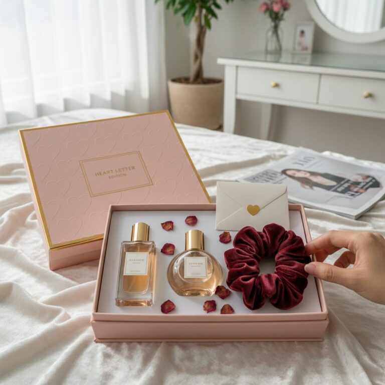 센녹 하트레터에디션 퍼퓸 세트와 벨벳 스크런치가 함께 포장된 모습