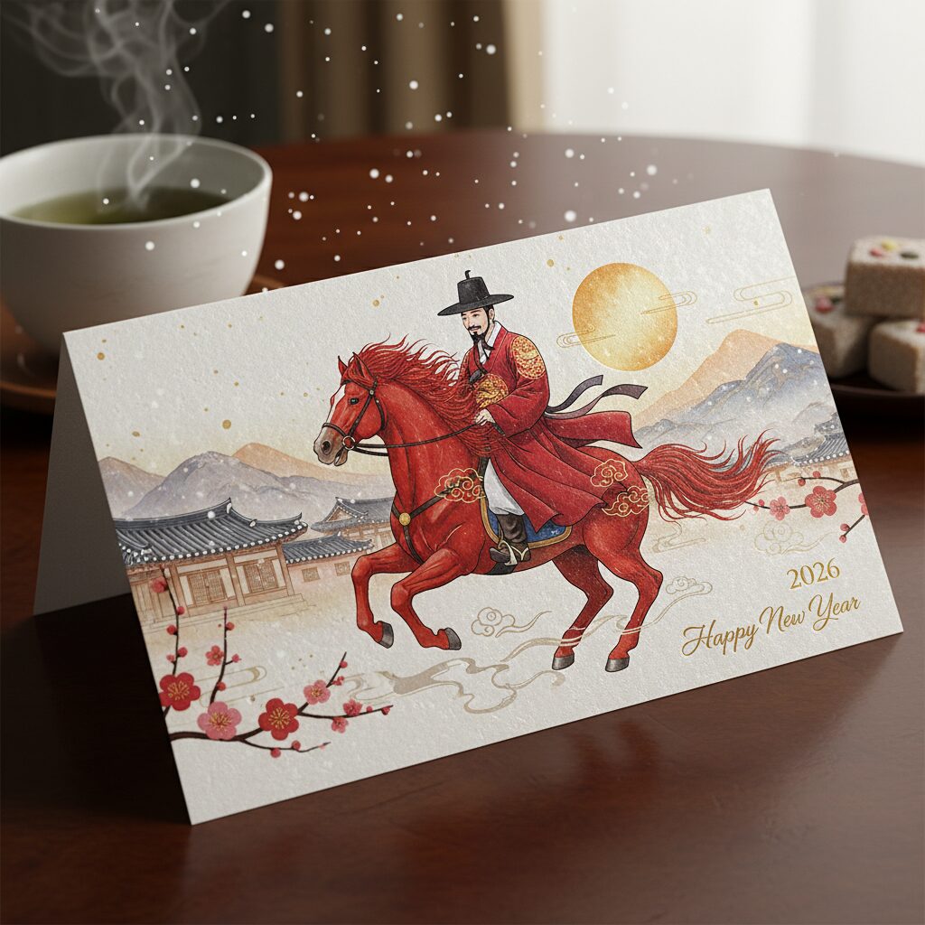 2026년 설날 인사말 상황별 정리와 보내는 법 1 2026년 병오년 설날을 상징하는 붉은 말과 한복을 입은 사람이 그려진 감성적인 카드 이미지