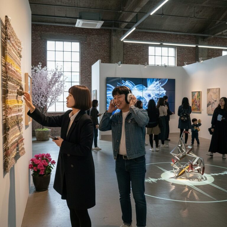 서울 3월 예술 전시회에서 관람객이 작품을 감상하고 체험하는 모습