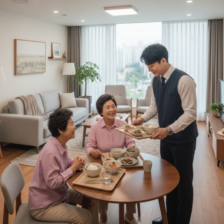 실버스테이 실내 거실과 식사 서비스가 제공되는 모습