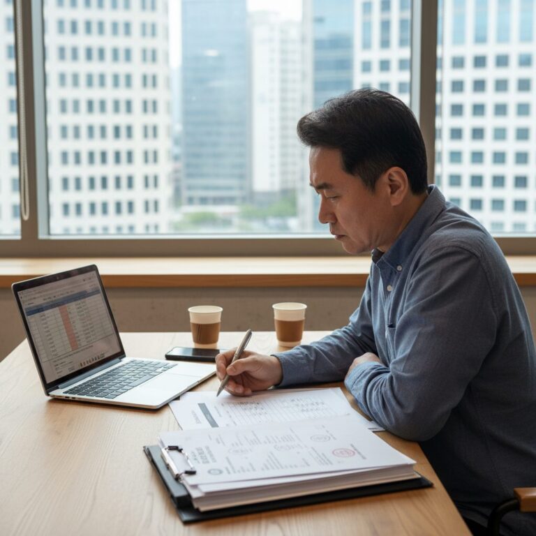 노트북 앞에서 소상공인 정책자금 신청 서류를 검토하는 모습