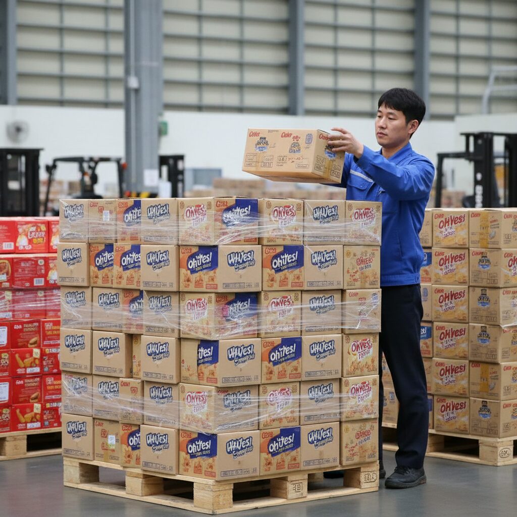 해태 과자 박스를 효율적으로 쌓는 방법을 보여주는 예시