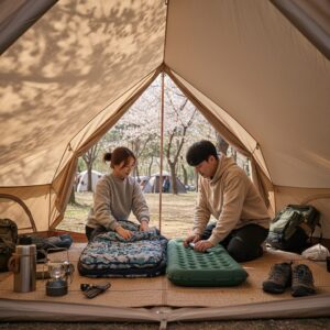 봄 캠핑을 위한 침낭과 매트 준비 모습