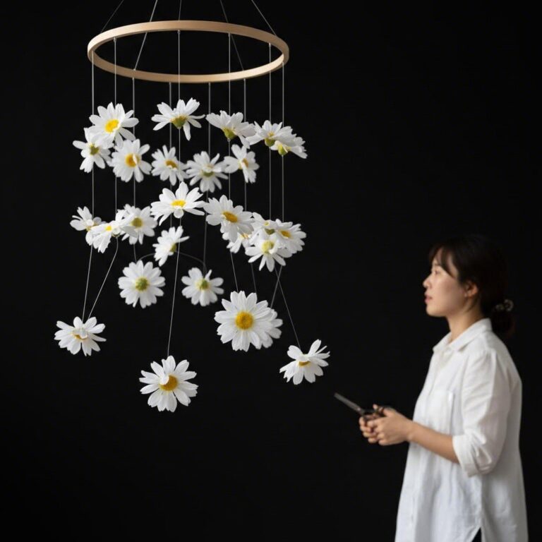 완성된 하얀 데이지 꽃 모빌이 검은 배경에 살랑거리며 걸려 있는 모습