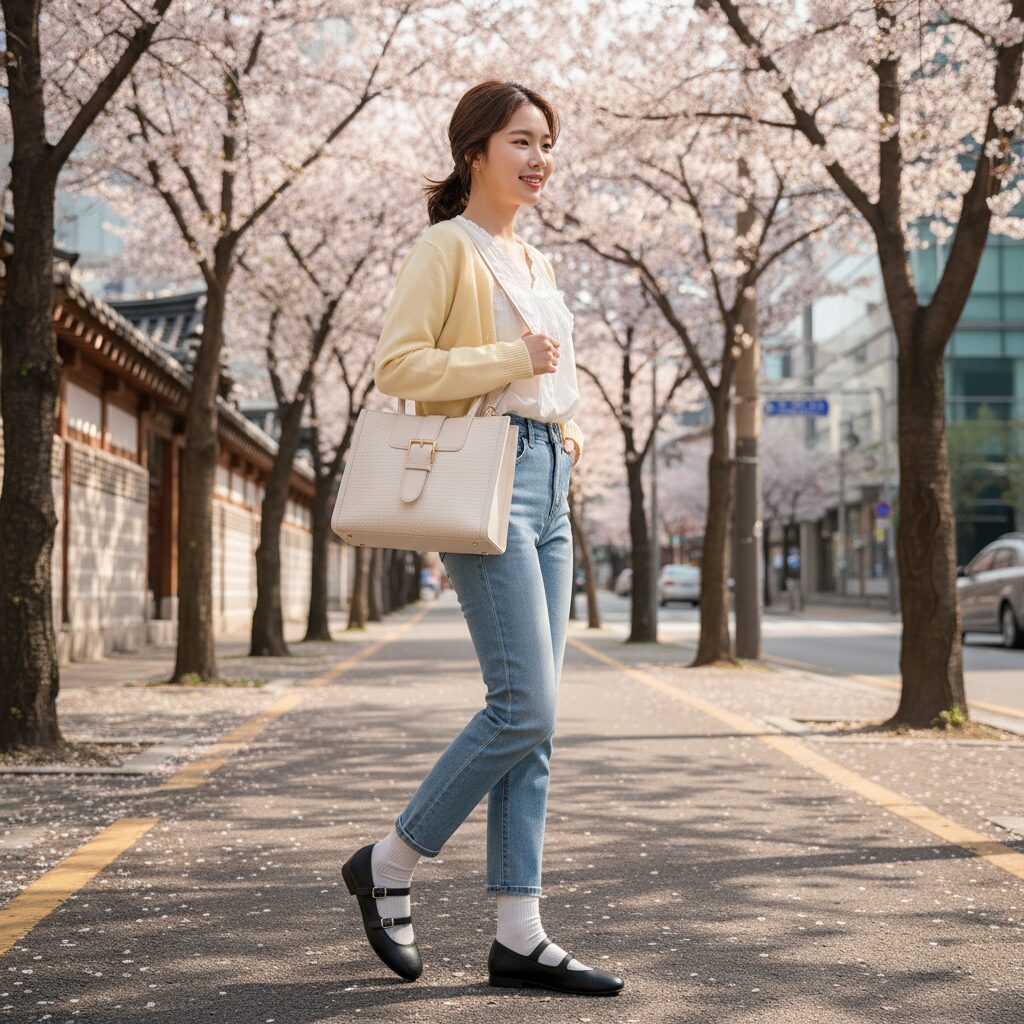 봄 새내기룩 완성하는 패션 아이템 총정리 1 찰스앤키스 메리제인 플랫과 토트백으로 연출한 봄 새내기룩 스타일링