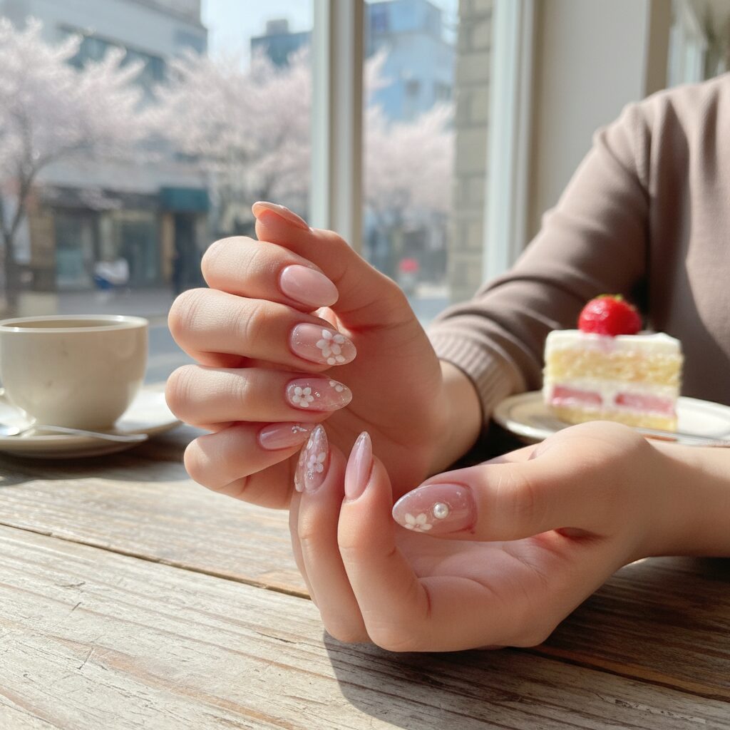 완성된 핑크톤 봄네일 디자인의 손 사진