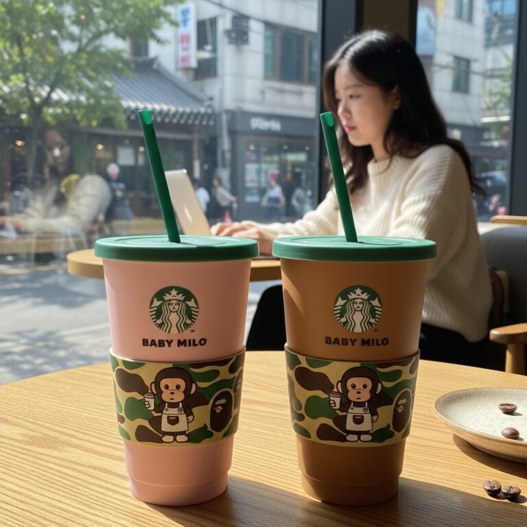 핑크색과 브라운색 스타벅스 베이비 마일로 리유저블 컵 두 개가 나란히 놓여 있음