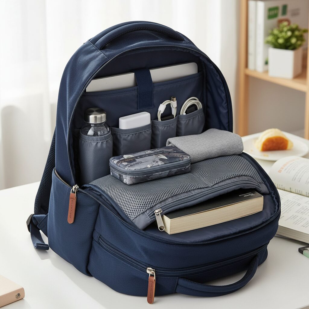 여러 개의 수납 포켓으로 체계적으로 정리된 학생 백팩 내부