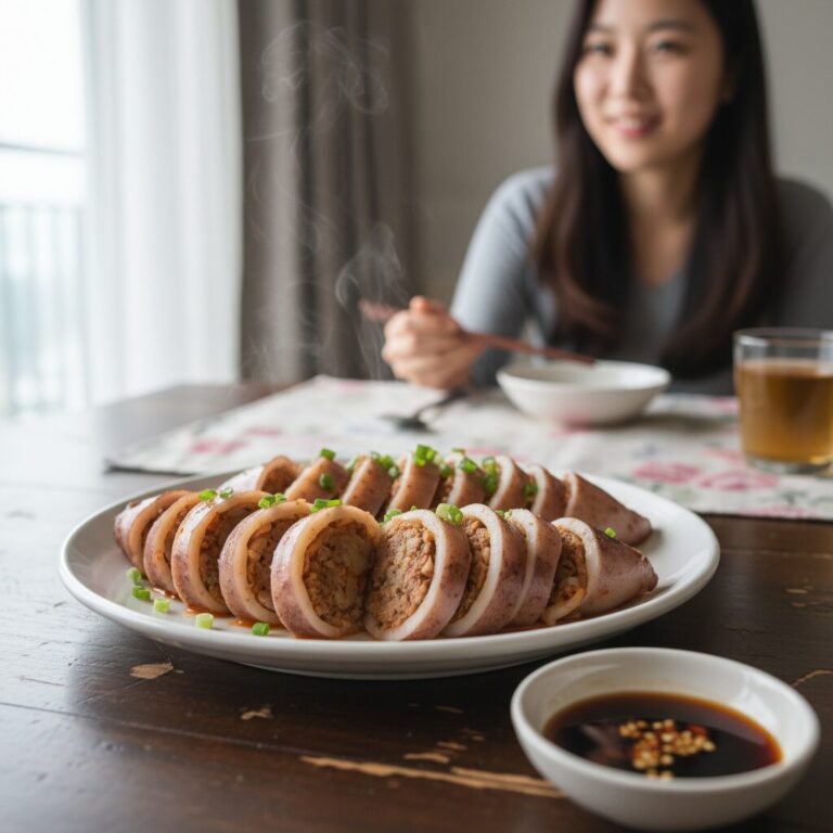 쪄서 완성된 오징어순대를 접시에 담은 모습