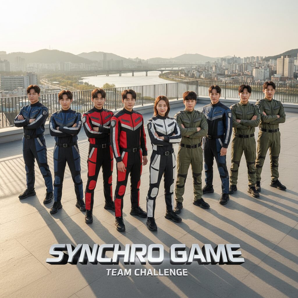 싱크로게임 출연진들이 팀별로 나란히 서 있는 단체 포스터 이미지