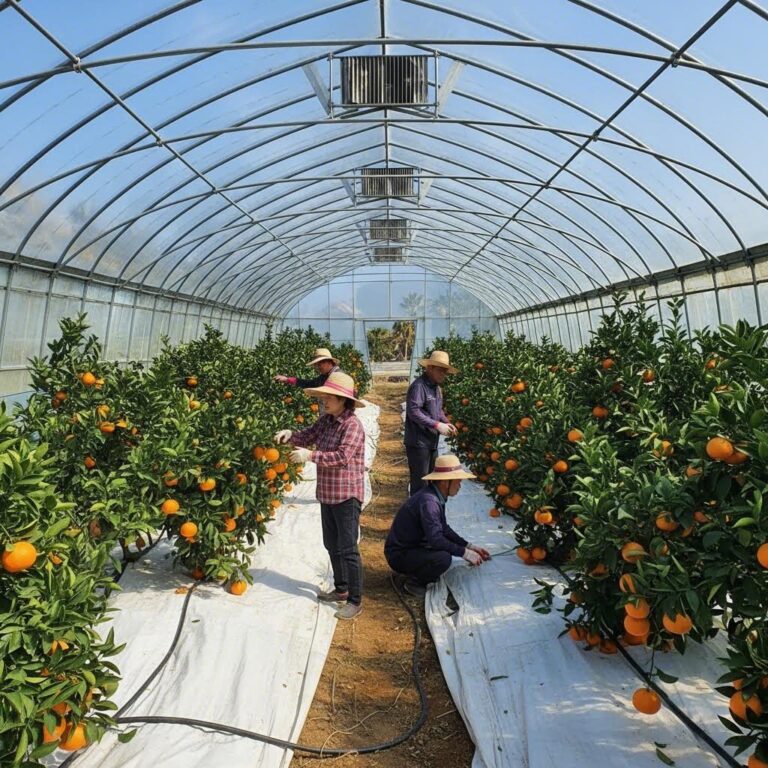하우스 내 타이벡 재배 방식의 제주 감귤밭