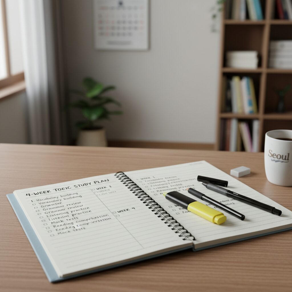 토익 4주 공부 계획표가 적힌 노트와 필기구