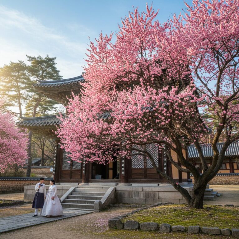 통도사 천왕문 옆에 만개한 분홍색 만첩홍매화 나무