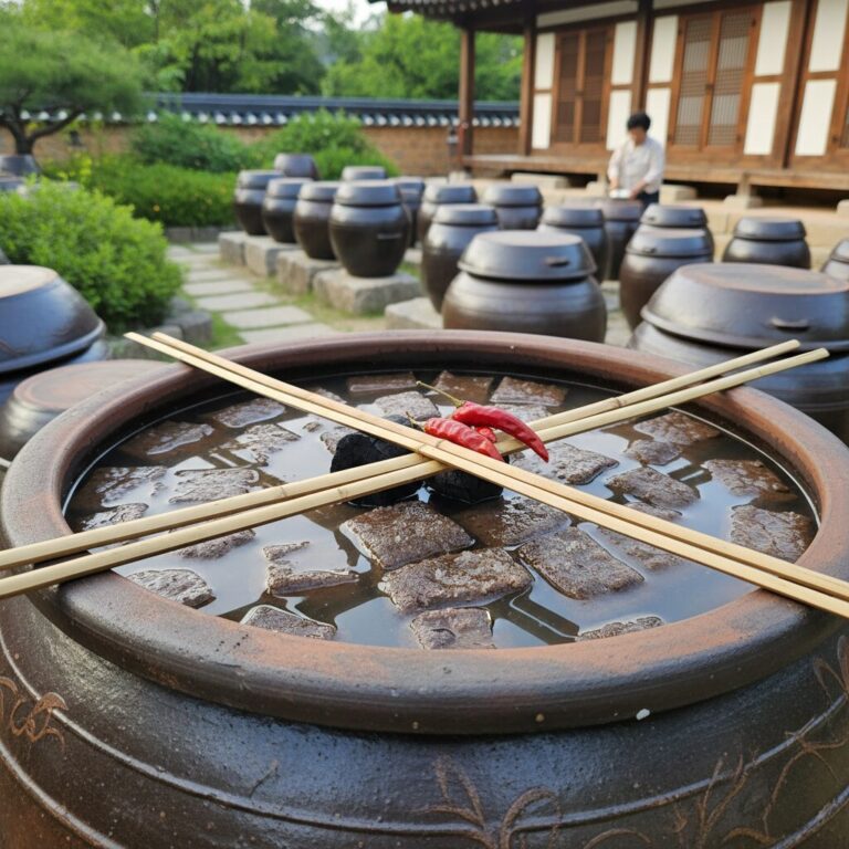 장독에 메주와 소금물을 담고 대나무 막대기와 숯 고추를 올려놓은 모습