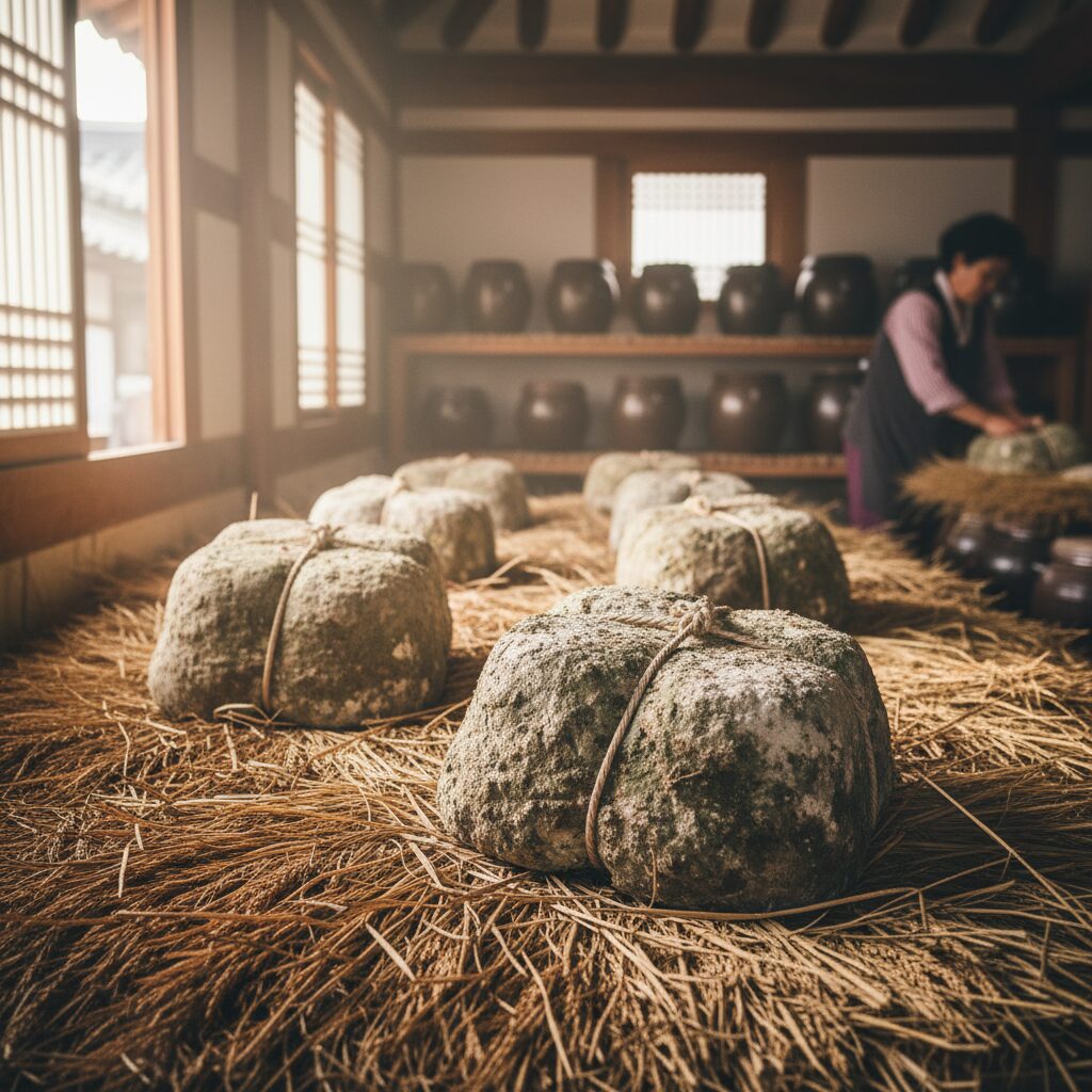 전통 방식으로 볏짚 위에서 발효되고 있는 메주 덩어리들