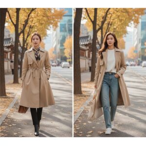 여자 싱글 트렌치코트 스타일링 방법으로 허리 스트링을 조인 모습과 헐렁하게 걸친 모습 비교