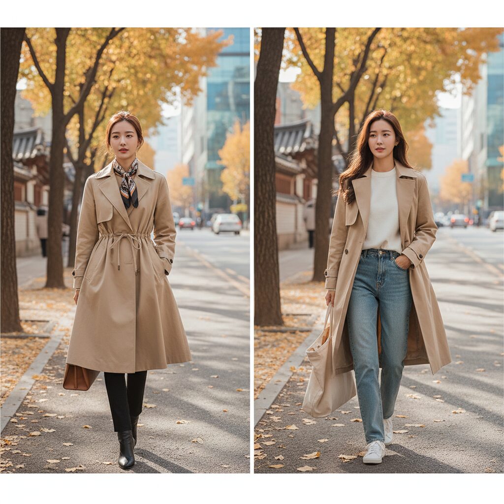 여자 싱글 트렌치코트 스타일링 방법으로 허리 스트링을 조인 모습과 헐렁하게 걸친 모습 비교