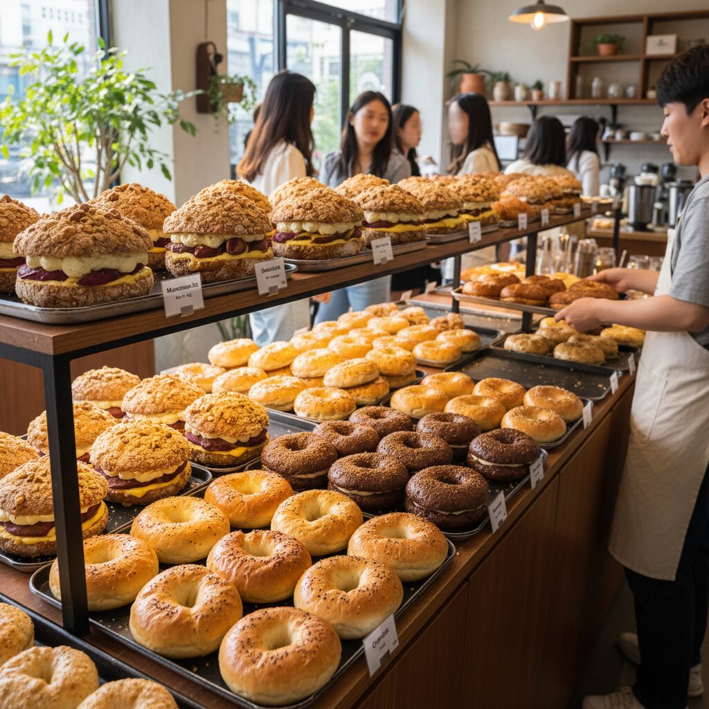 망원동 투떰즈업 빵 구매와 맛있는 후기 1 투떰즈업 진열대에 놓인 다양한 맘모스빵과 쌀베이글