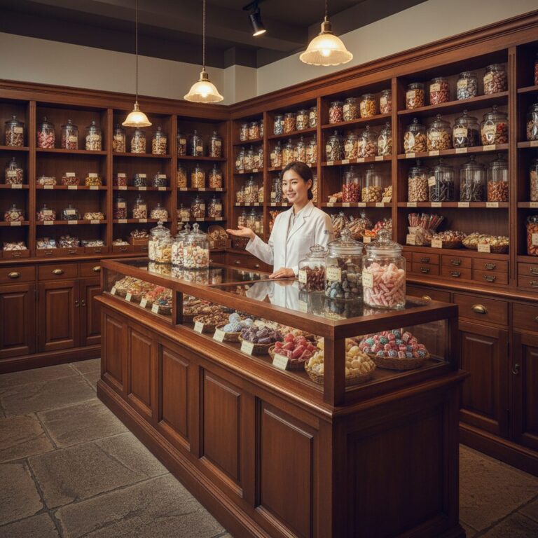 옛날 약방 분위기의 전통 사탕가게 내부 진열장과 하얀 가운을 입은 점원