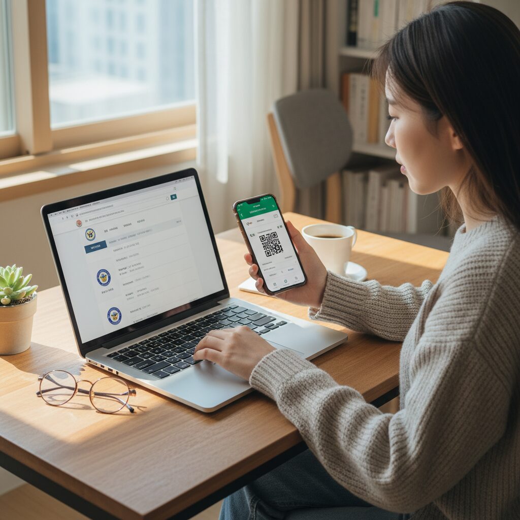 노트북 화면에 예방접종도우미 홈페이지가 열려 있고 옆에 스마트폰으로 정부24 앱을 확인하는 모습