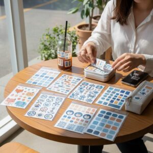 다양한 디자인의 방수 이름스티커 세트가 테이블 위에 놓여 있음