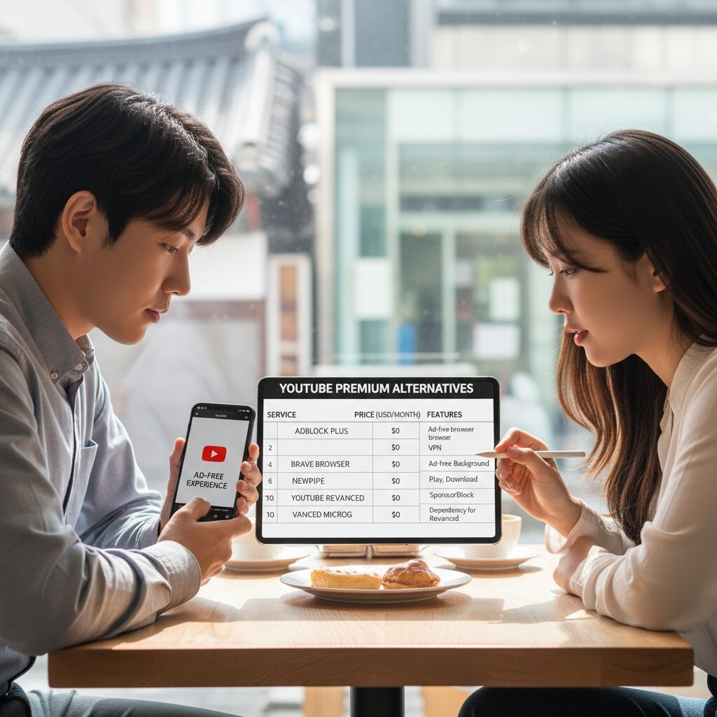 유튜브 프리미엄 가격 정보와 합리적인 이용 방법 1 유튜브 프리미엄 대체 서비스 비교 차트와 스마트폰 화면