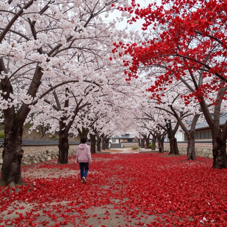 천장을 가득 채운 빨간색과 흰색 조화벚꽃 인테리어