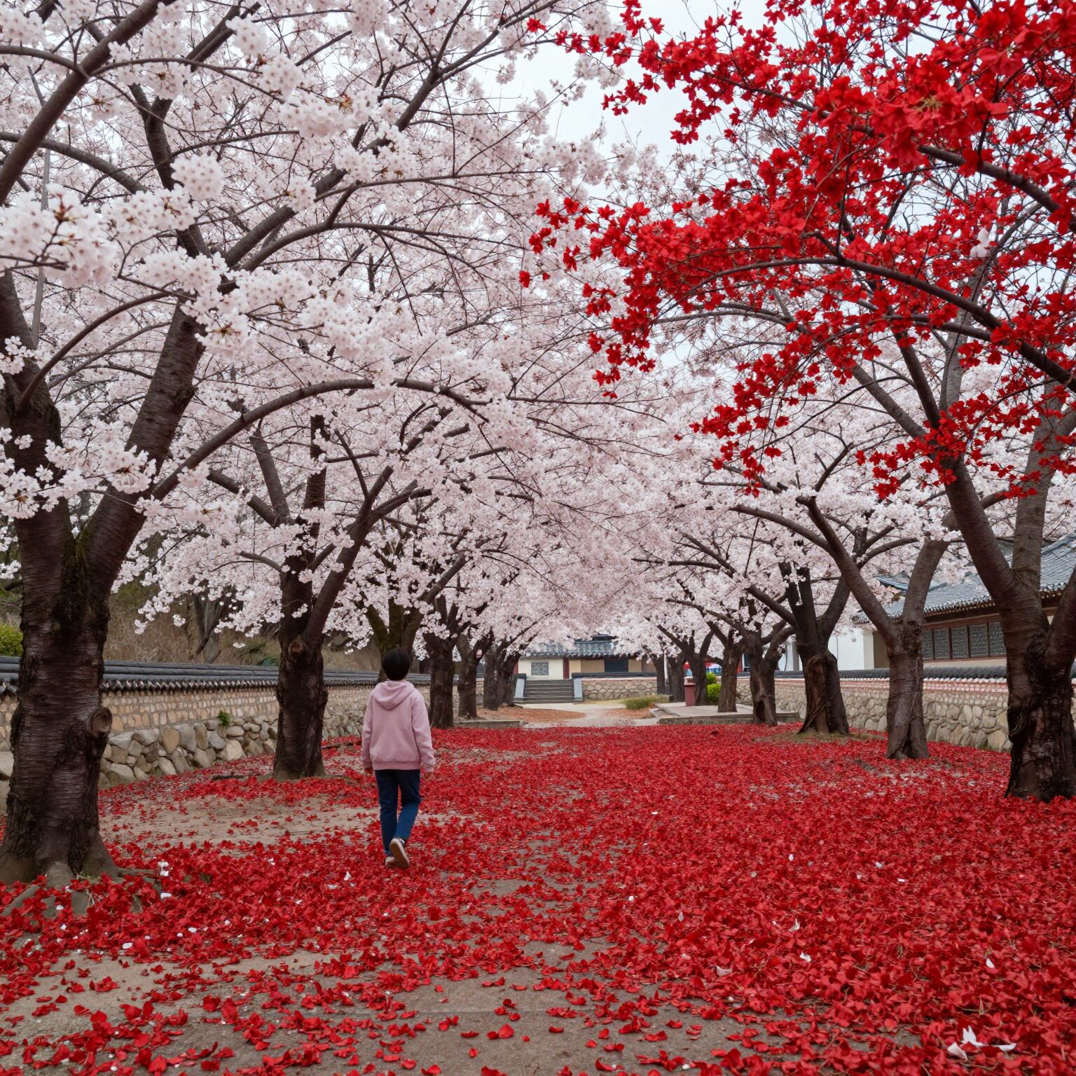 천장을 가득 채운 빨간색과 흰색 조화벚꽃 인테리어