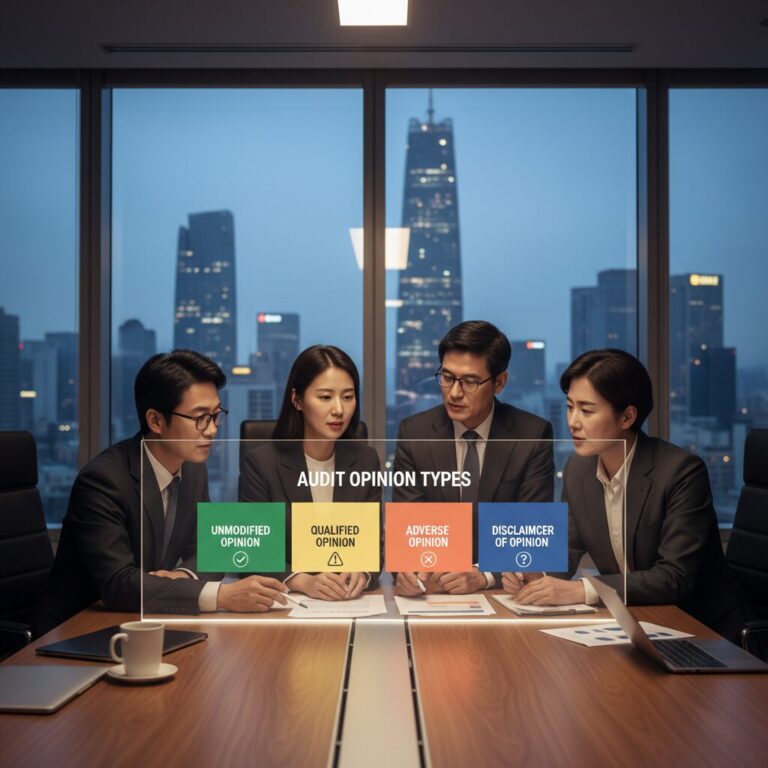 감사보고서에 표시되는 네 가지 감사의견 종류를 설명하는 다이어그램
