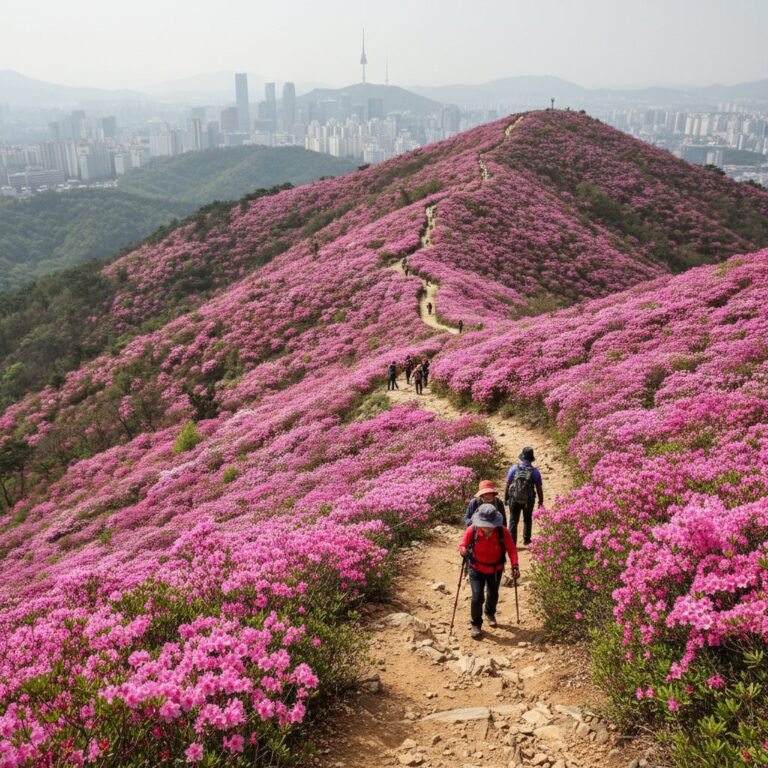 산비탈에 군락을 이룬 분홍색 진달래꽃과 등산로