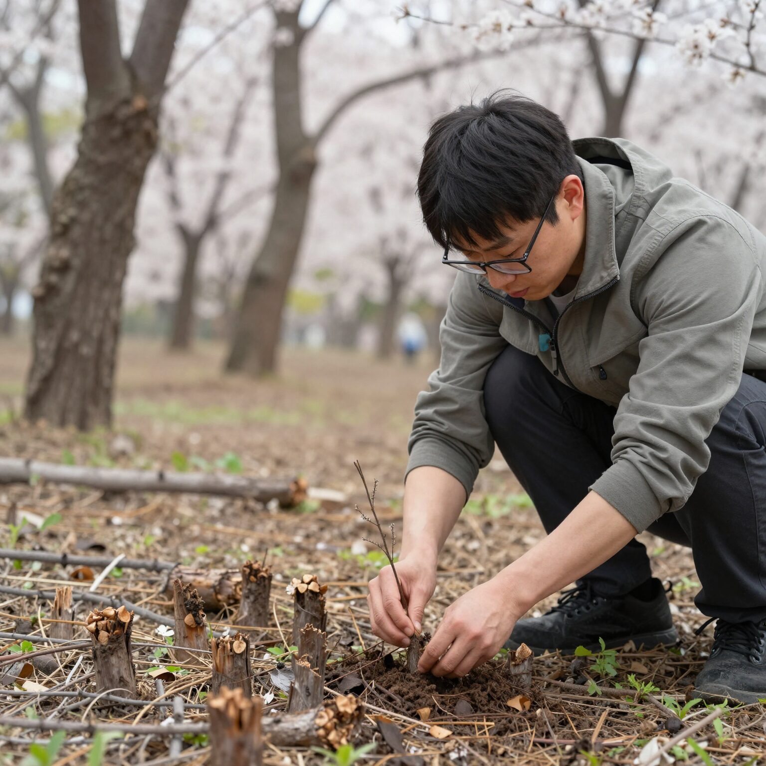 봄 숲속에서 자작나무 수액을 채취하는 모습
