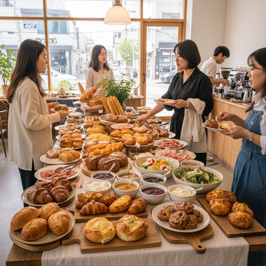 일산 빵 뷔페 테이블에 진열된 다양한 빵과 사이드 메뉴