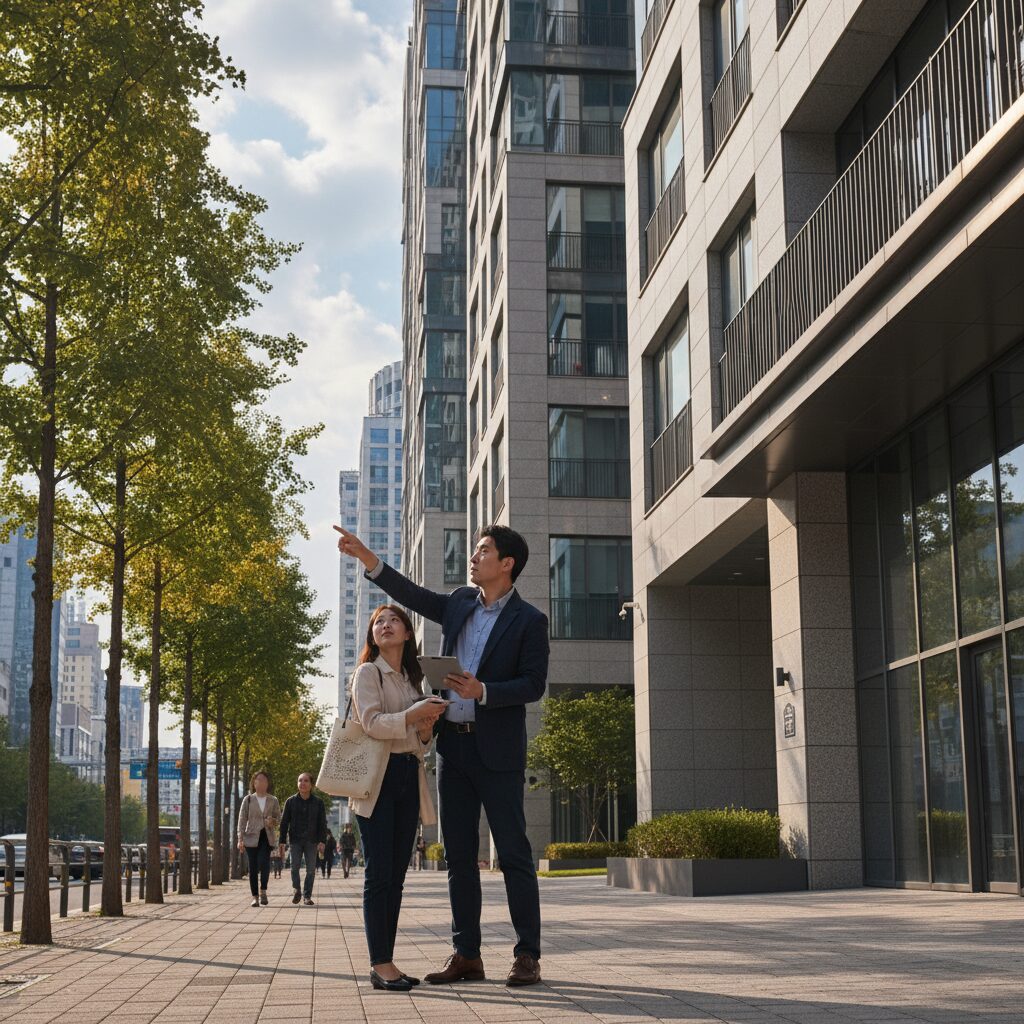 한국에서 건물주가 되는 첫걸음 1 아파트나 오피스텔 외관을 꼼꼼히 살피는 모습을 상징하는 사진