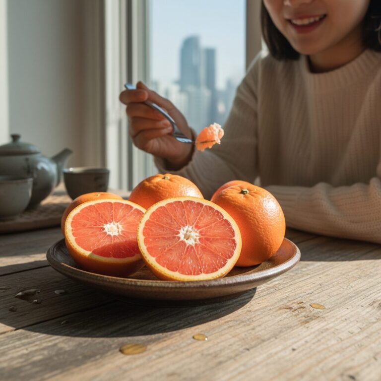 붉은 과육이 선명한 카라카라 오렌지가 접시에 담겨 있는 사진