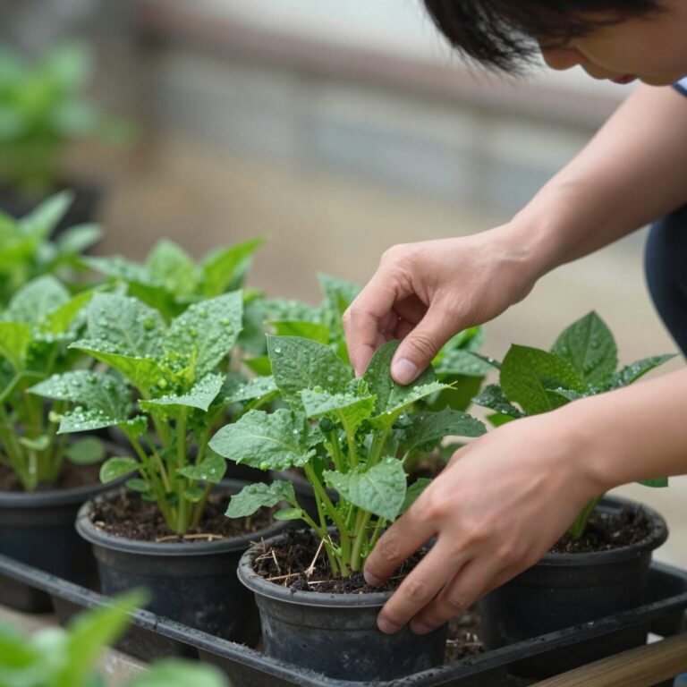 화분에서 자란 푸릇한 참나물을 손으로 따는 모습