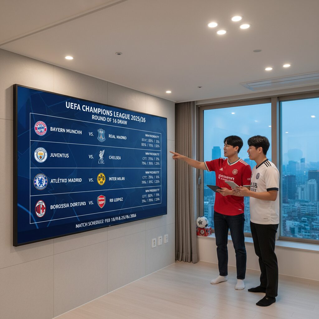 2025 26 챔피언스리그 16강 대진표 일정과 확률이 표시된 이미지