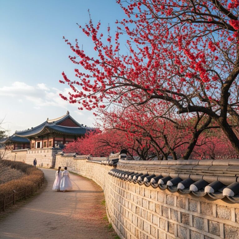 창덕궁 돌담길에 핀 붉은 홍매화와 전각의 풍경