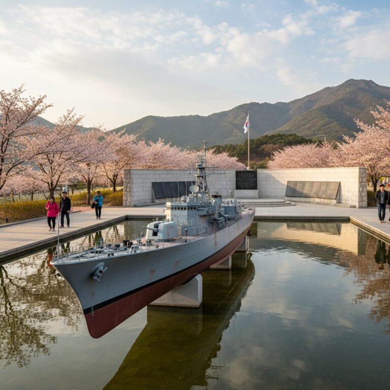 천안 태조산 보훈공원 내 천안함 추모 공원 전경과 천안함 축소 모형