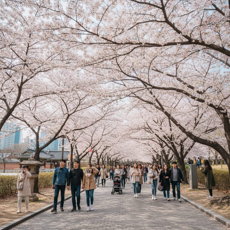 만개한 벚꽃나무 아래 산책로를 걷는 사람들