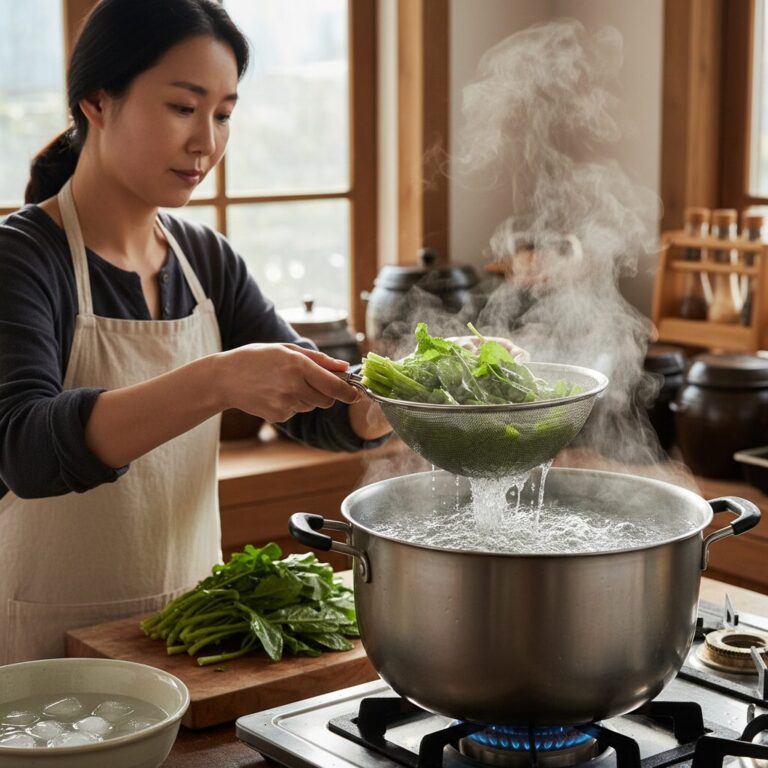 끓는 물에 유채나물을 데치는 과정
