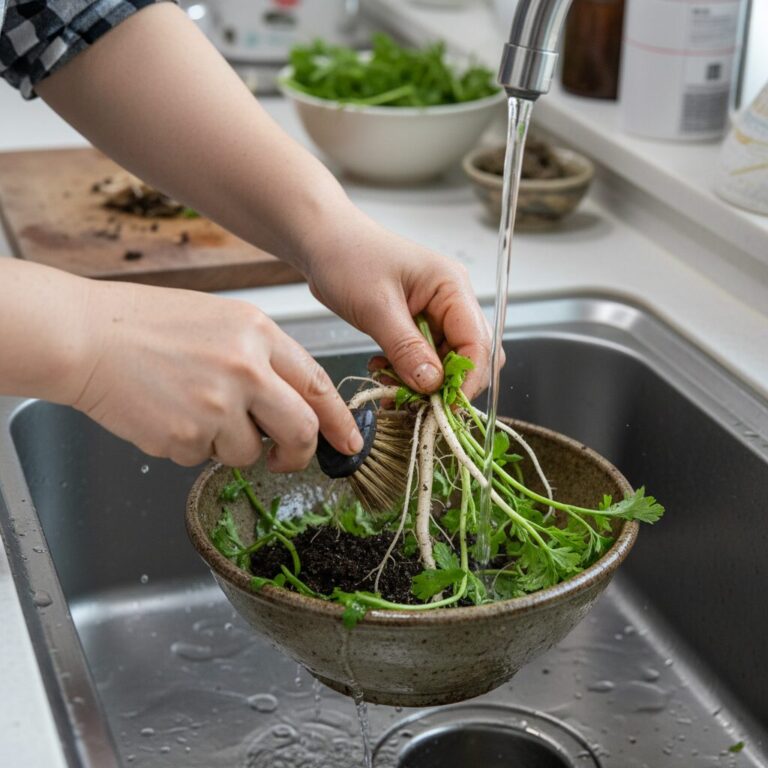 냉이 뿌리와 줄기 사이의 흙을 손질하고 헹구는 과정