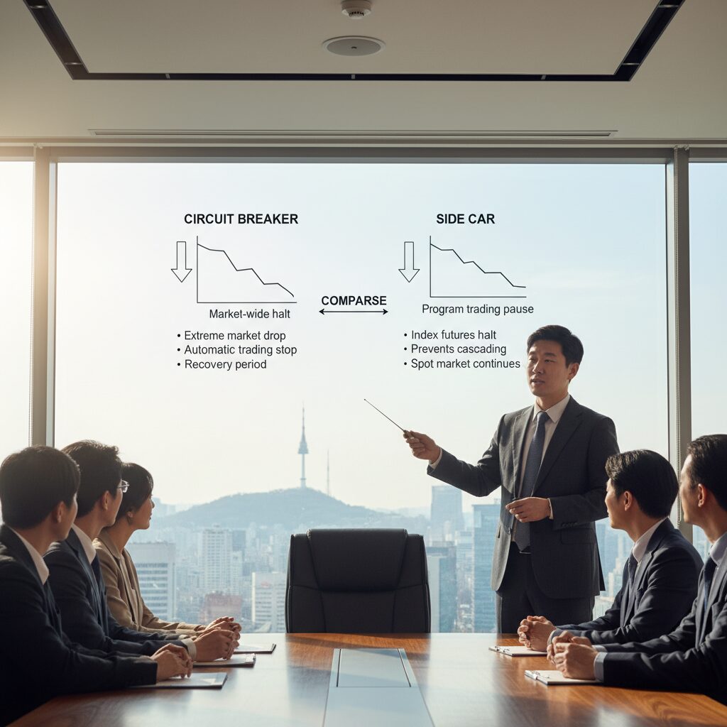 서킷브레이크와 사이드카의 개념을 비교 설명하는 다이어그램